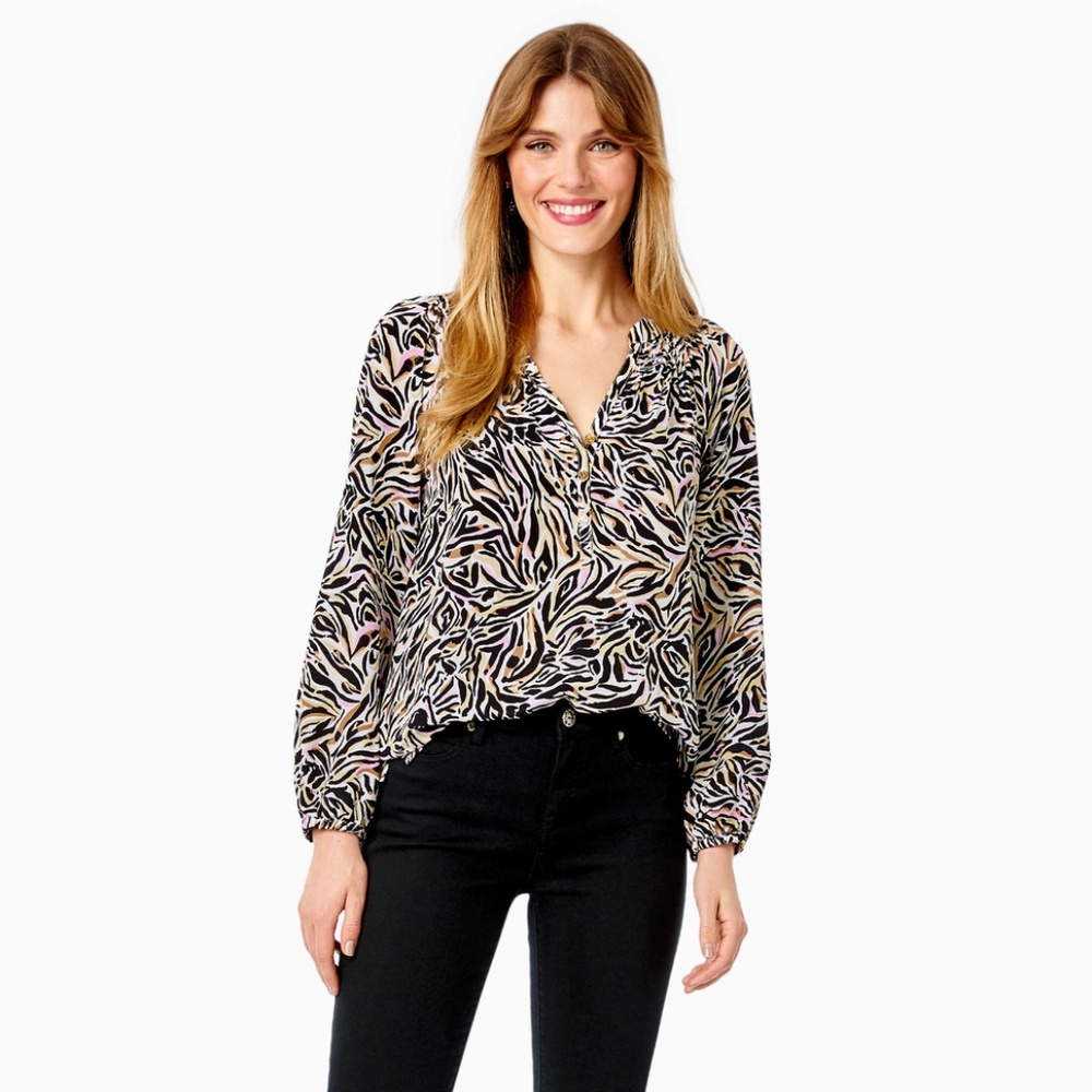 Lilly Pulitzer 100% Silk Blouse Top Tunic Balloon Sleeve *Onyx Can You Zee Me*